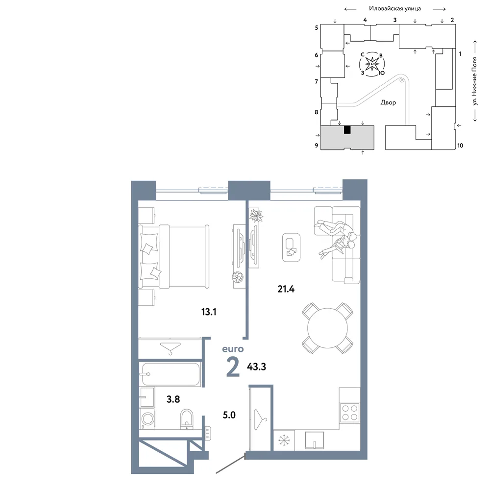 Планировка 2-комн. квартира, 43.3 м² ЖК «Страна.Заречная»