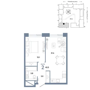 Планировка 2-комн. квартира, 43.3 м² ЖК «Страна.Заречная»