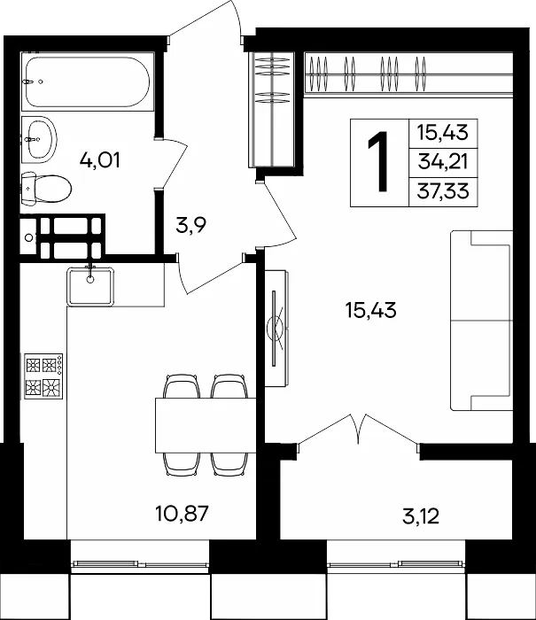 Планировка 1-комн. квартира, 37.33 м² ЖК «Семисчастье»
