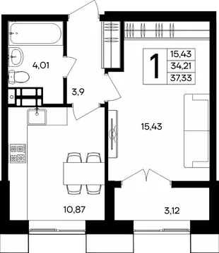 Планировка 1-комн. квартира, 37.33 м² ЖК «Семисчастье»