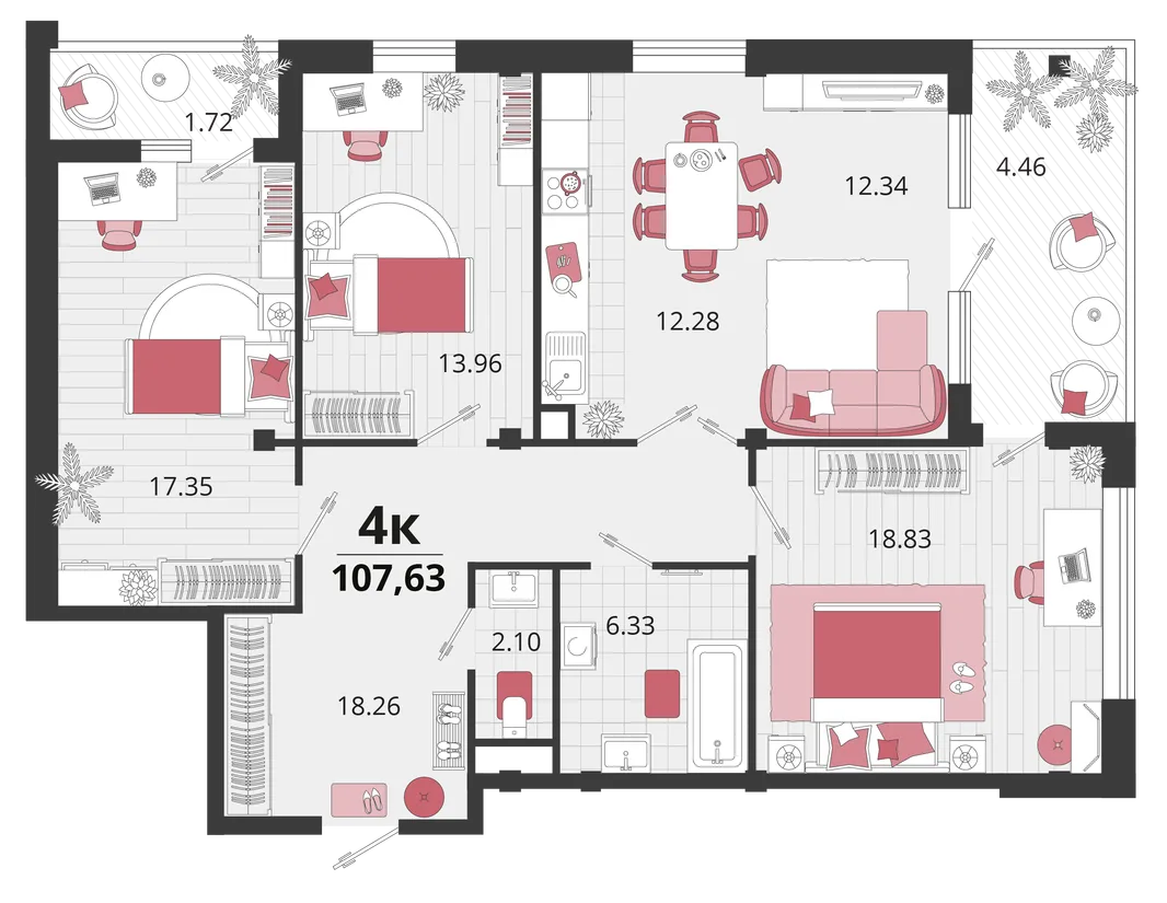 Планировка 4-комн. квартира, 106.45 м² ЖК «Родные просторы»