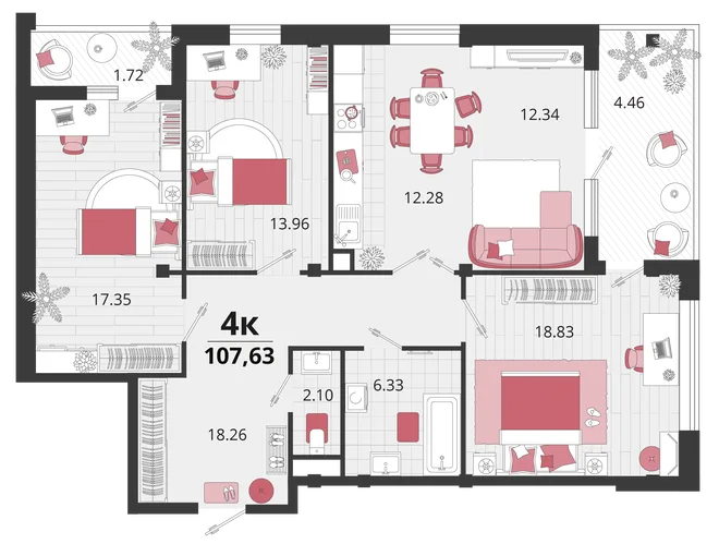 Планировка 4-комн. квартира, 106.45 м² ЖК «Родные просторы» Планировка 4-комн. квартира, 106.45 м² ЖК «Родные просторы»