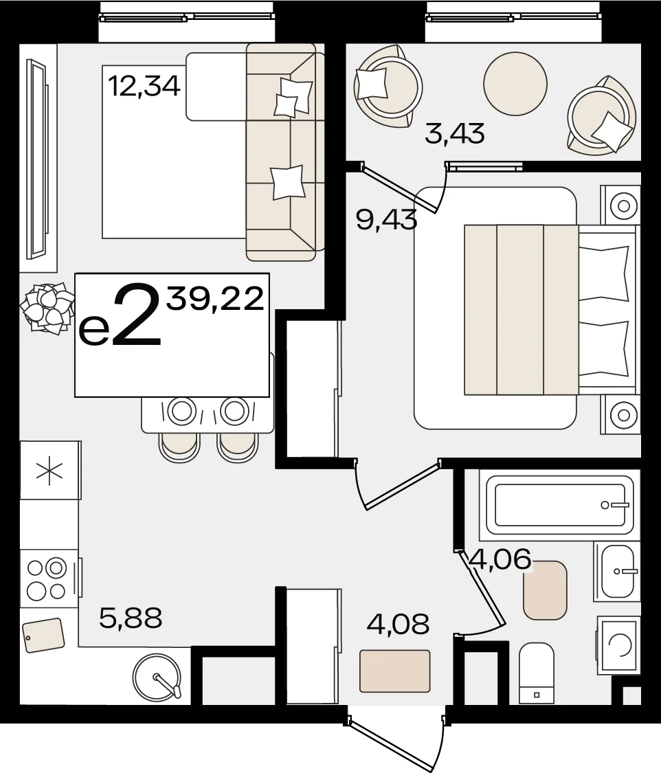 Планировка 2-комн. квартира, 39.22 м² ЖК «Патрики»