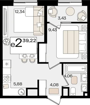 Планировка 2-комн. квартира, 39.22 м² ЖК «Патрики»