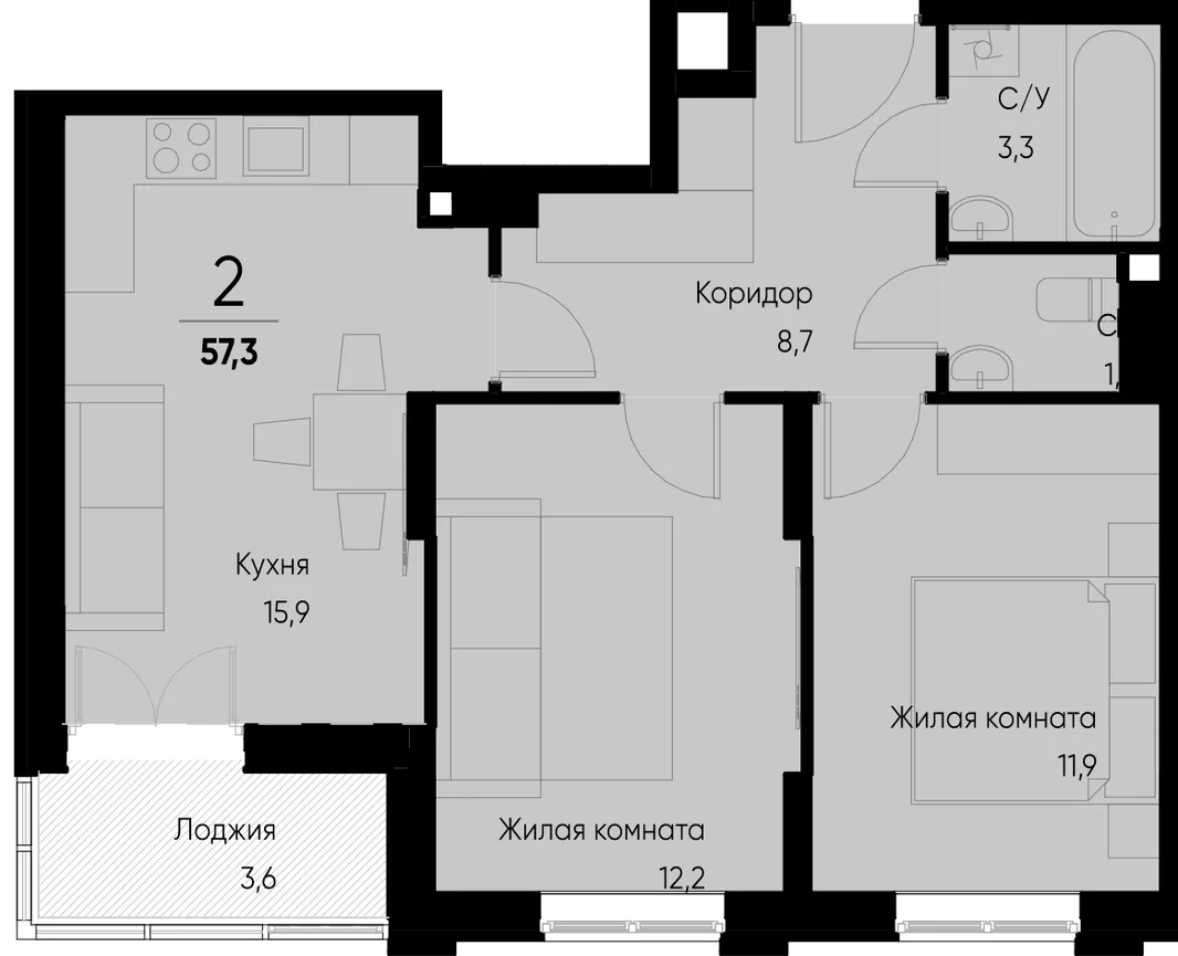 Планировка 2-комн. квартира, 57.3 м² ЖК «Васильевский остров»