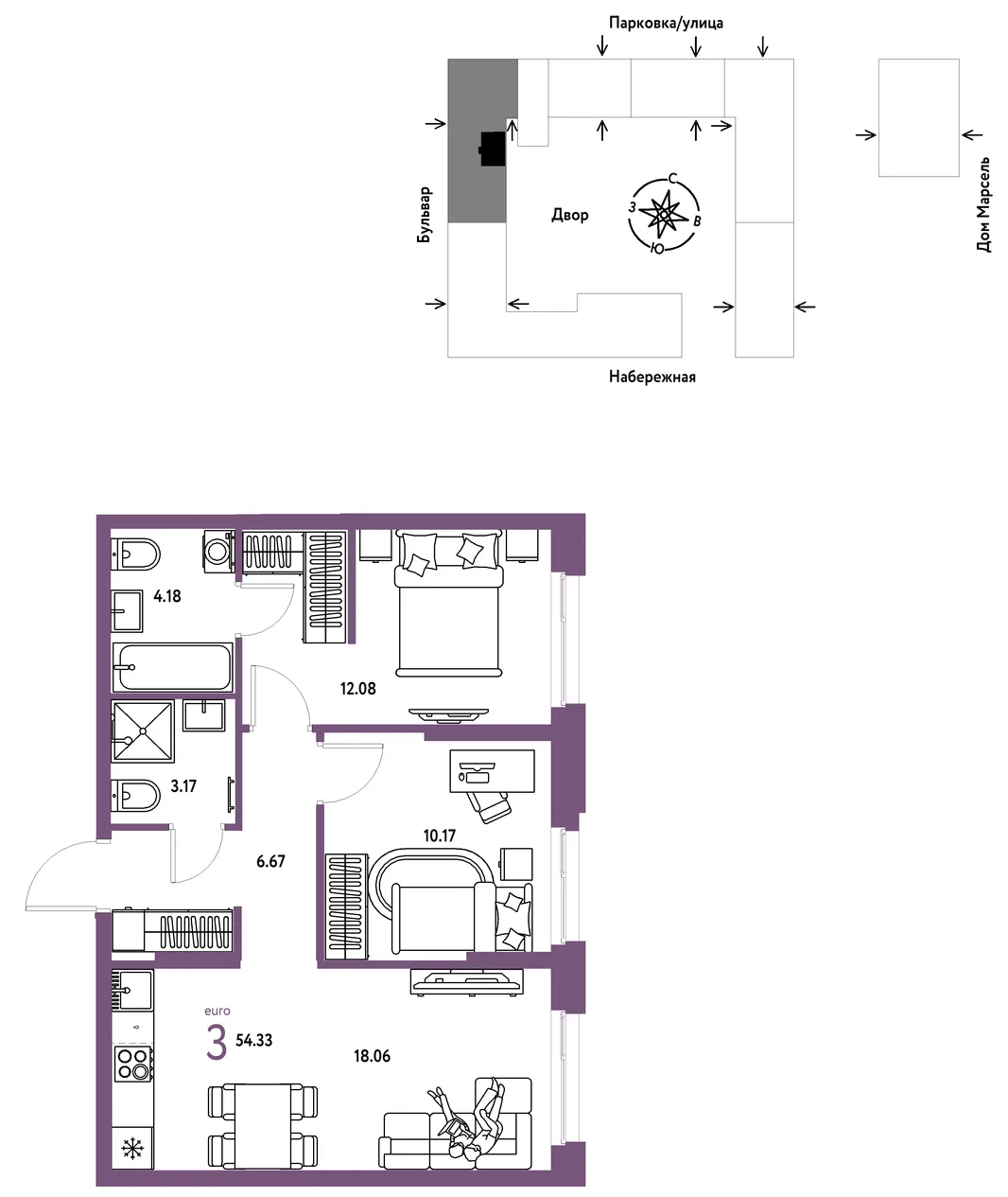 Планировка 3-комн. квартира, 54.33 м² ЖК «Европейский берег 2.0»