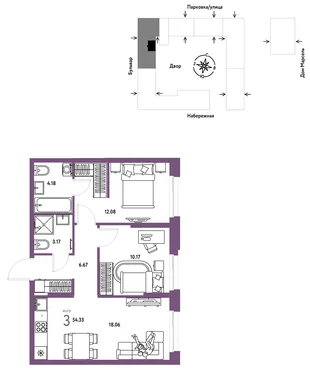 Планировка 3-комн. квартира, 54.33 м² ЖК «Европейский берег 2.0»