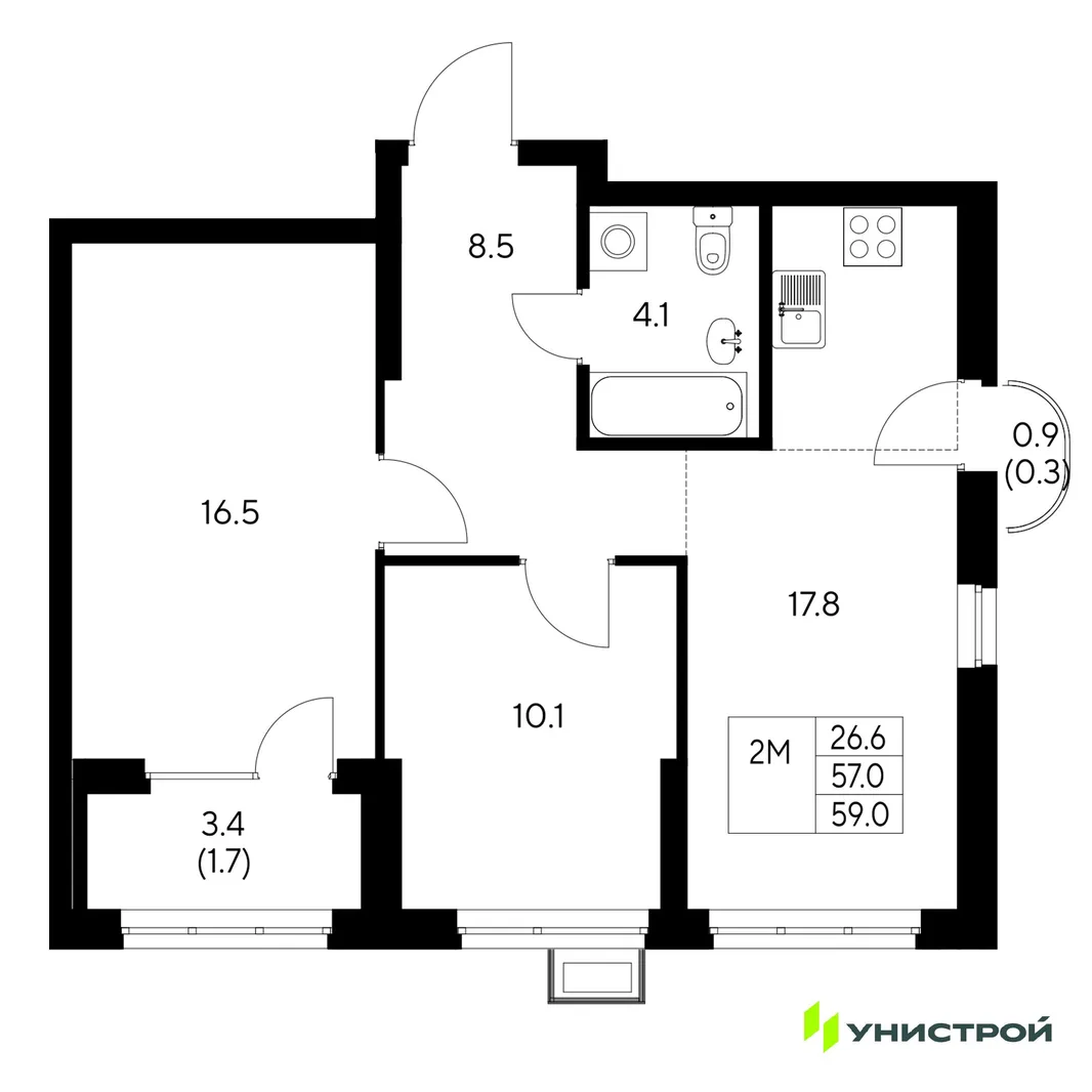 Планировка 2-комн. квартира, 59 м² ЖК «Стадиум»