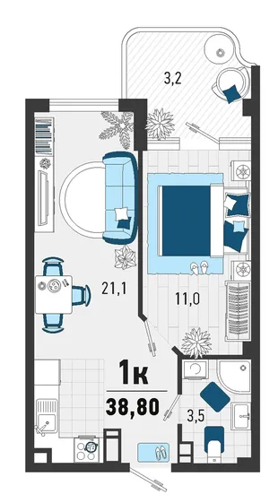Планировка 1-комн. квартира, 36.3 м² ЖК «Монако»