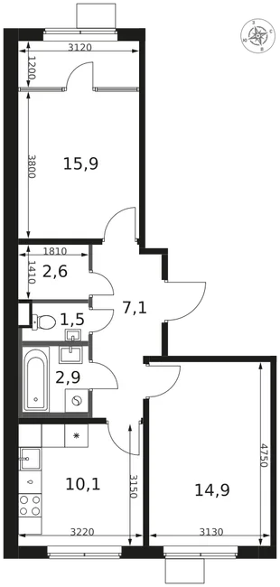 Планировка 2-комн. квартира, 55 м² ЖК «1-й Химкинский»