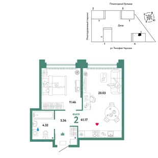 Планировка 2-комн. квартира, 41.17 м² ЖК «Микрорайон Звездный»