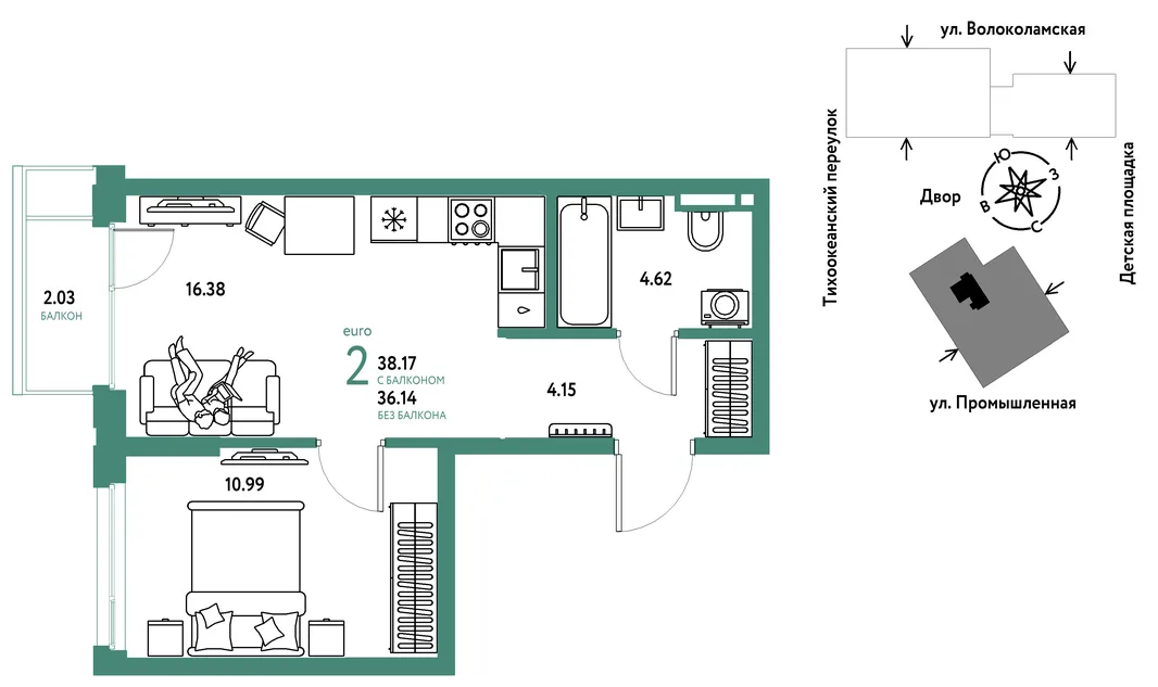 Планировка 2-комн. квартира, 38.17 м² ЖК «Страна Прибрежная»