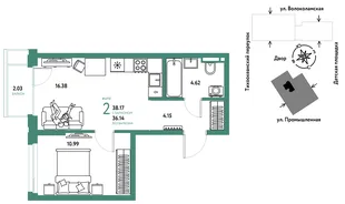 Планировка 2-комн. квартира, 38.17 м² ЖК «Страна Прибрежная»