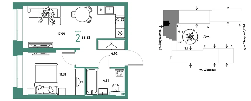 Планировка 2-комн. квартира, 38.83 м² ЖК «Страна.Энтузиастов»