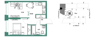 Планировка 2-комн. квартира, 38.83 м² ЖК «Страна.Энтузиастов»