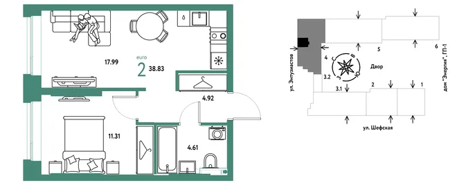 Планировка 2-комн. квартира, 38.83 м² ЖК «Страна.Энтузиастов» Планировка 2-комн. квартира, 38.83 м² ЖК «Страна.Энтузиастов»
