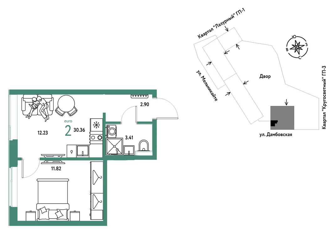 Планировка 2-комн. квартира, 30.36 м² ЖК «Страна Прибрежная»