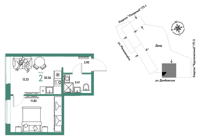 Планировка 2-комн. квартира, 30.36 м² ЖК «Страна Прибрежная»