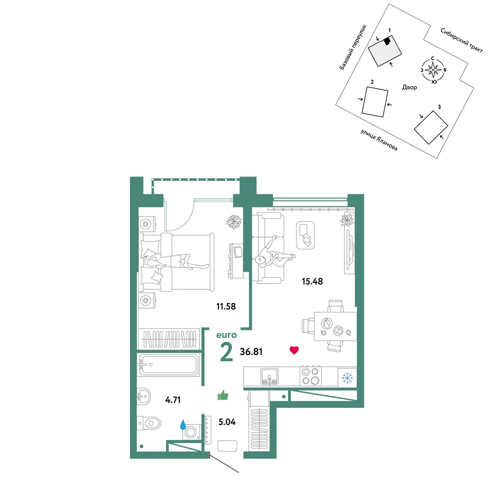 Планировка 2-комн. квартира, 36.81 м² ЖК «Сибирский сад»
