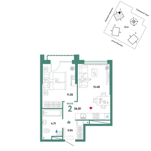 Планировка 2-комн. квартира, 36.81 м² ЖК «Сибирский сад»