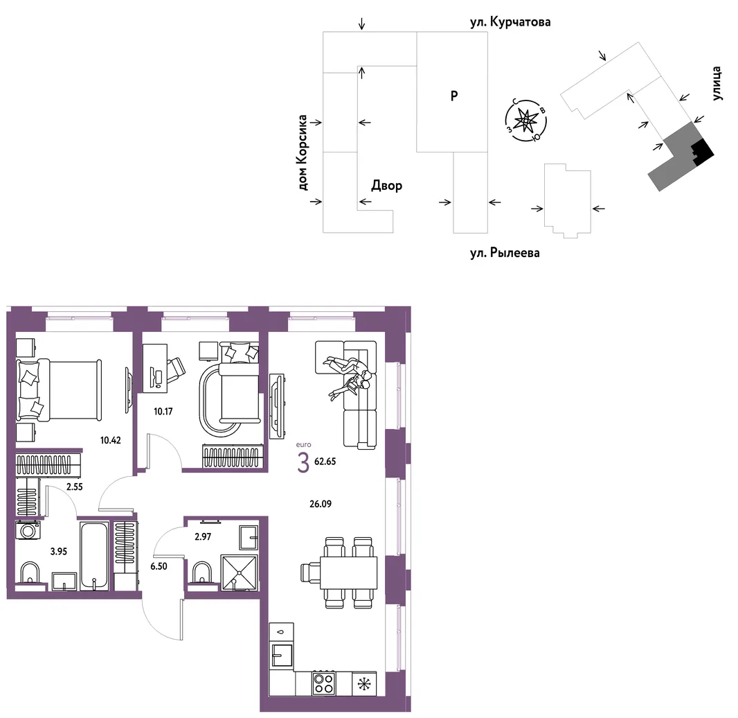 Планировка 3-комн. квартира, 62.99 м² ЖК «Остров-сад»