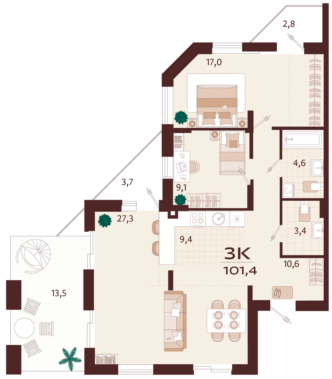 Планировка 3-комн. квартира, 101.4 м² ЖК «Роялта»