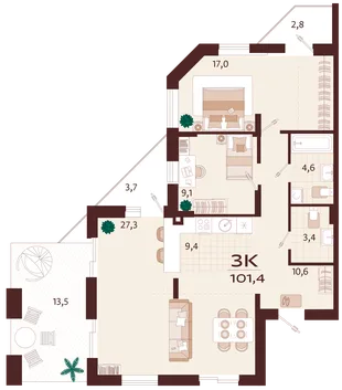 Планировка 3-комн. квартира, 101.4 м² ЖК «Роялта»