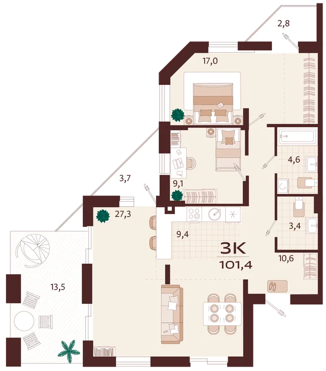 Планировка 3-комн. квартира, 101.4 м² ЖК «Роялта» Планировка 3-комн. квартира, 101.4 м² ЖК «Роялта»
