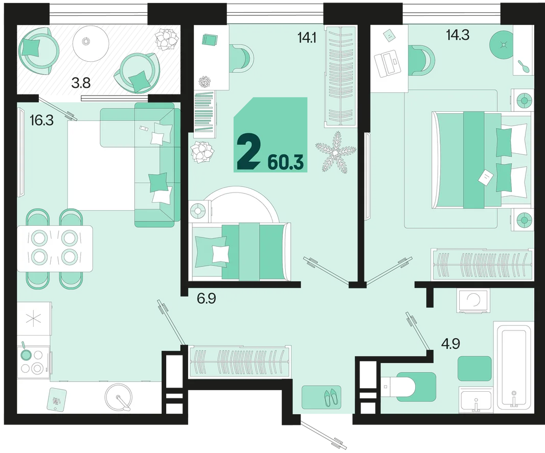 Планировка 2-комн. квартира, 60.3 м² ЖК «Первое место»
