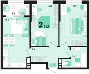 Планировка 2-комн. квартира, 60.3 м² ЖК «Первое место»
