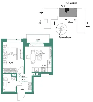 Планировка 2-комн. квартира, 38.36 м² ЖК «Авторский»
