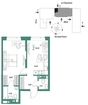 Планировка 2-комн. квартира, 44.45 м² ЖК «Авторский»