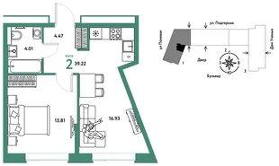Планировка 2-комн. квартира, 39.31 м² ЖК «Авторский»