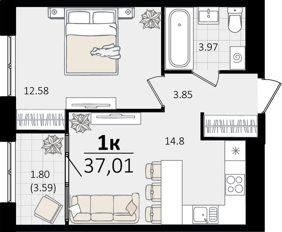 Планировка 1-комн. квартира, 37.01 м² ЖК «Патрики»