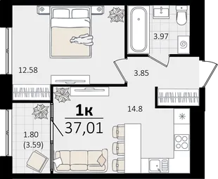 Планировка 1-комн. квартира, 37.01 м² ЖК «Патрики»