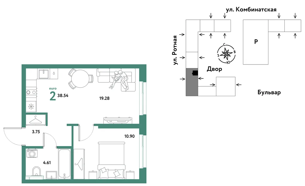 Планировка 2-комн. квартира, 38.27 м² ЖК «Уральский сад»