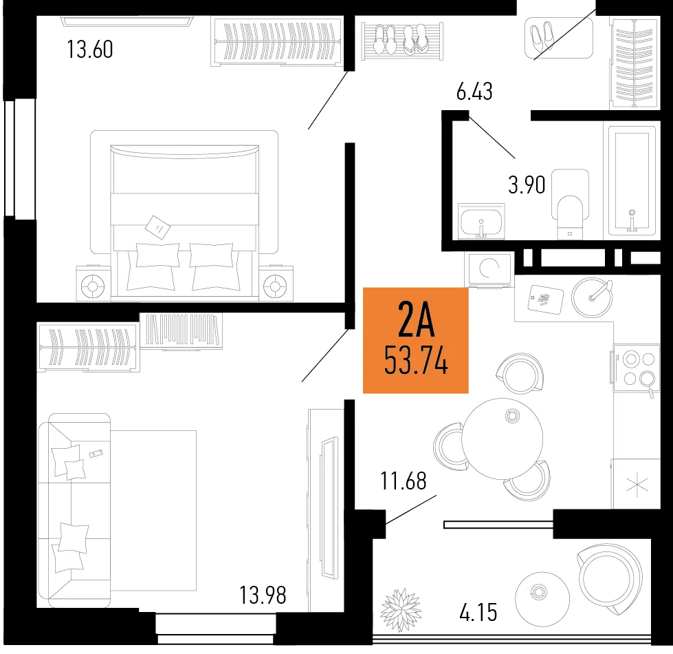 Планировка 2-комн. квартира, 53.74 м² ЖК «Столицыно»