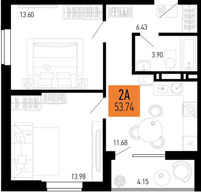 Планировка 2-комн. квартира, 53.74 м² ЖК «Столицыно» Планировка 2-комн. квартира, 53.74 м² ЖК «Столицыно»