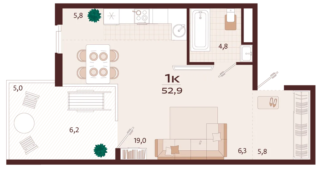 Планировка 1-комн. квартира, 52.9 м² ЖК «Роялта»