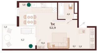 Планировка 1-комн. квартира, 52.9 м² ЖК «Роялта»