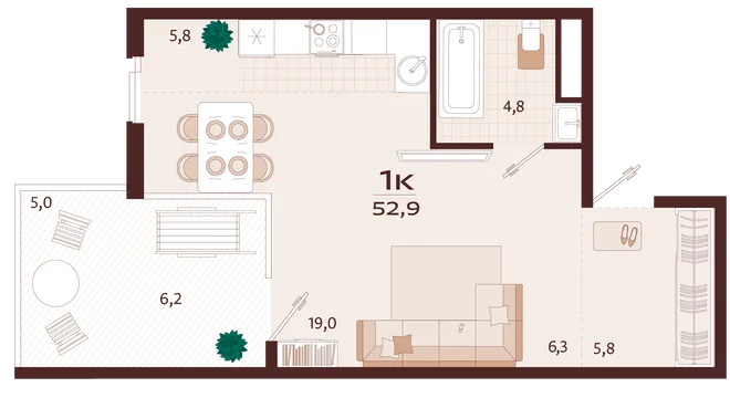 Планировка 1-комн. квартира, 52.9 м² ЖК «Роялта» Планировка 1-комн. квартира, 52.9 м² ЖК «Роялта»