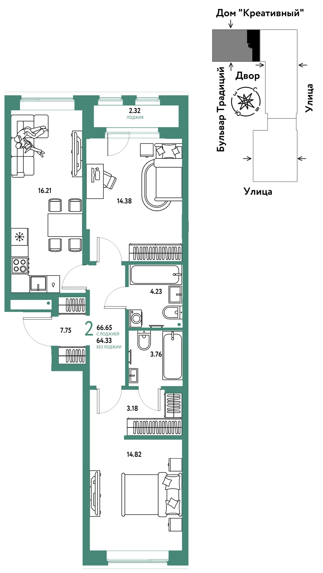 Планировка 2-комн. квартира, 66.65 м² ЖК «Микрорайон Домашний»