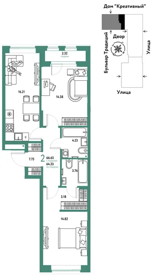 Планировка 2-комн. квартира, 66.65 м² ЖК «Микрорайон Домашний»