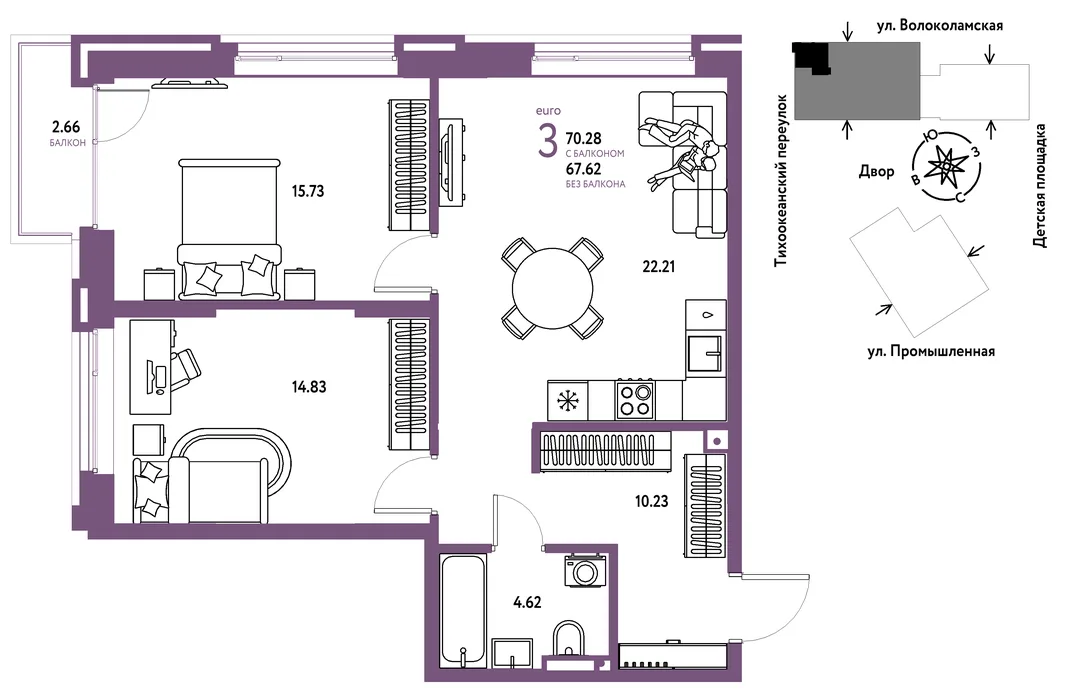 Планировка 3-комн. квартира, 70.28 м² ЖК «Страна Прибрежная»