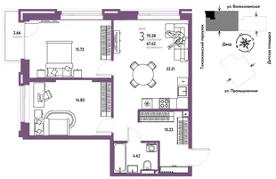 Планировка 3-комн. квартира, 70.28 м² ЖК «Страна Прибрежная»
