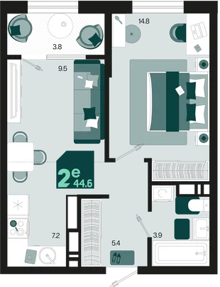Планировка 2-комн. квартира, 44.6 м² ЖК «Первое место»