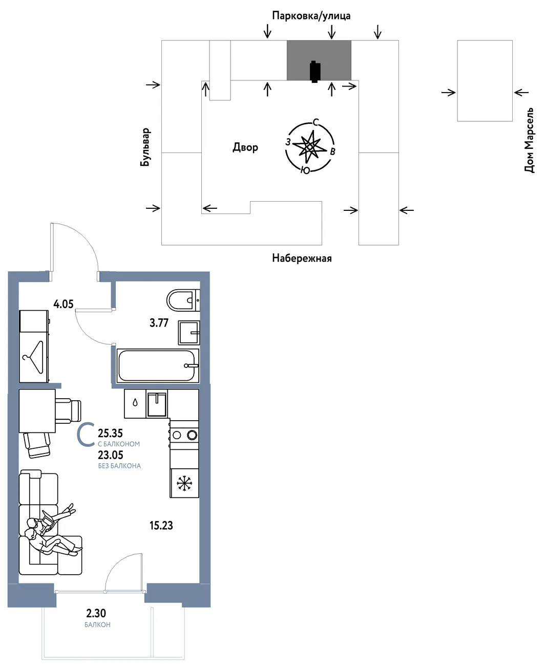 Планировка Студия, 25.35 м² ЖК «Европейский берег 2.0»