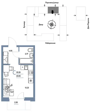 Планировка Студия, 25.35 м² ЖК «Европейский берег 2.0»