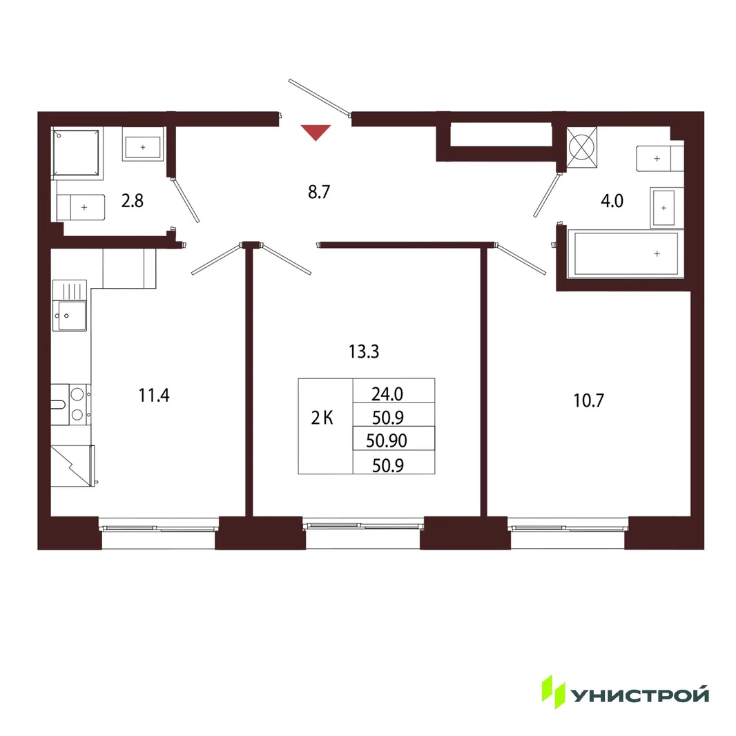 Планировка 2-комн. квартира, 50.9 м² ЖК «Лисино»