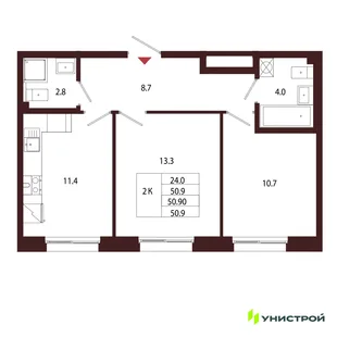 Планировка 2-комн. квартира, 50.9 м² ЖК «Лисино»